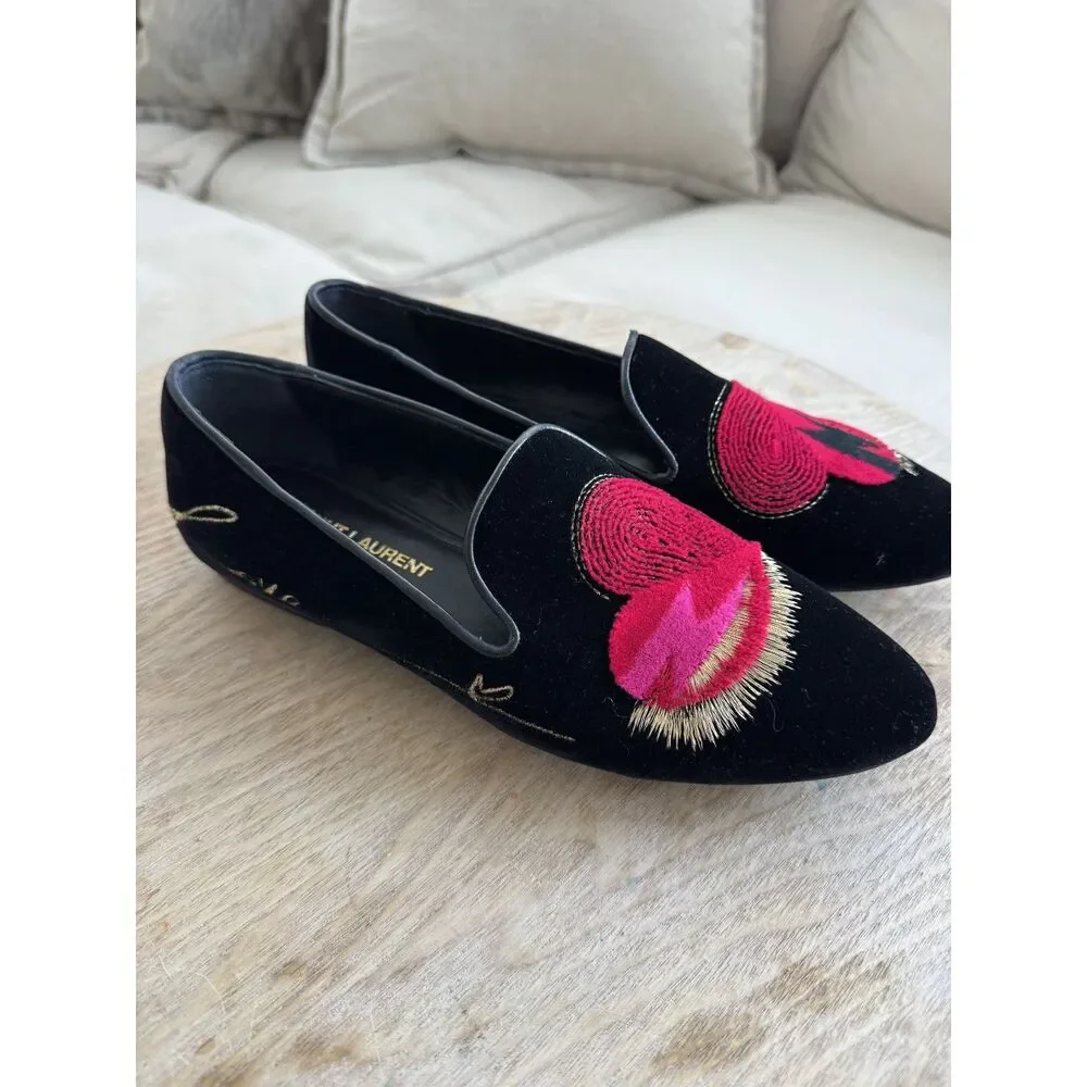 YVES SAINT LAURENT Heart Amore Love Velvet Leather Flat Loafers Size 38 - Picture 3 of 5